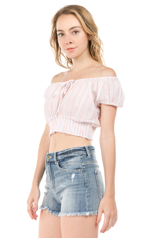 Off shoulder Smocked Waist Crop Top